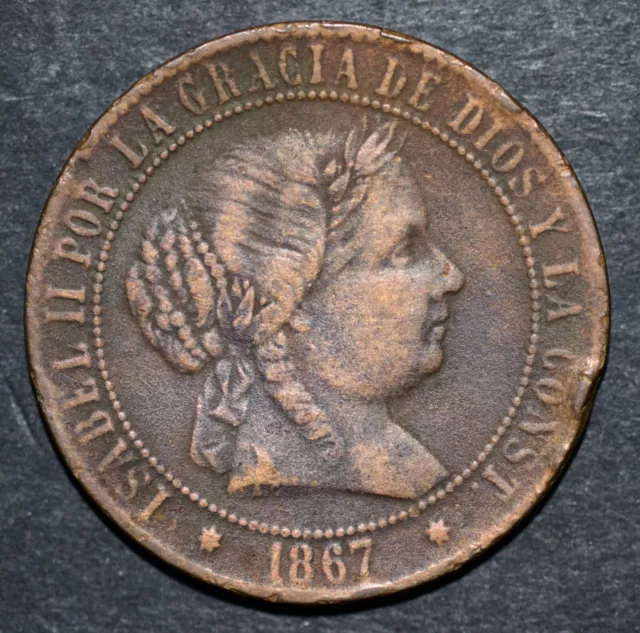 1867 Spain 2½ Centimos de Escudo Isabel II Bronze 25mm Coin, FREE SHIPPING