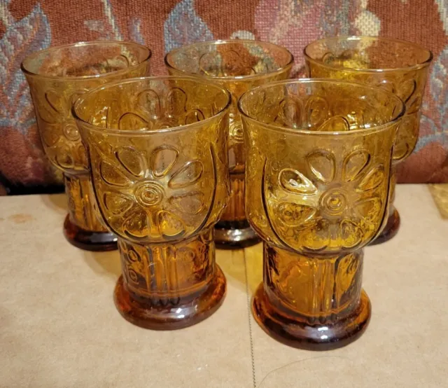 Vtg Retro MCM Libbey Country Garden Pattern 5" Amber Glasses - Set of 5