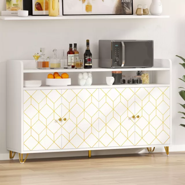 Buffet Cabinet, 59" Modern Storage Sideboard with Gold Trim