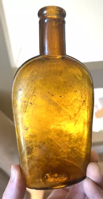 NICE AMBER PINT Strap Side Whiskey Flask Marked Star In