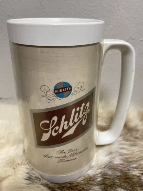 Schlitz Logo Beer Plastic Stein Mug Thermo-Serv White Handle Insulated Vintage