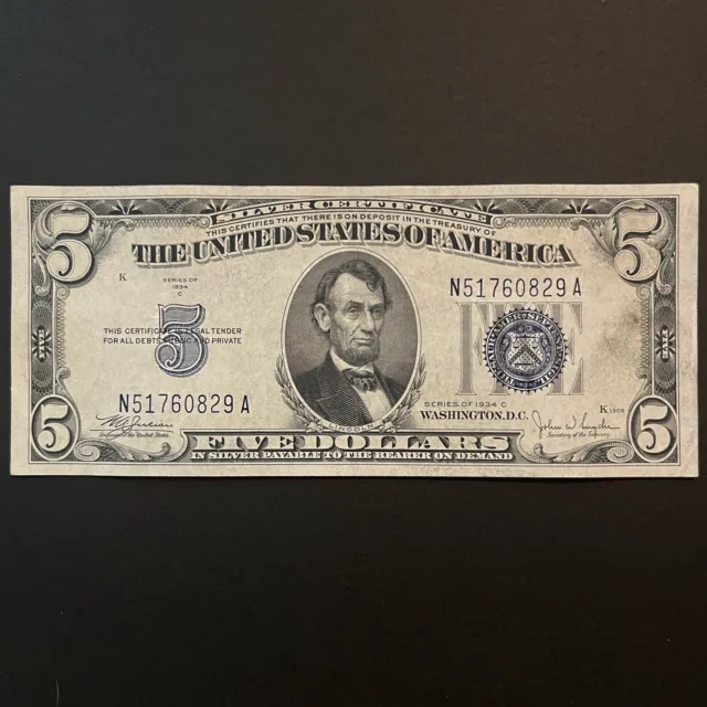1934-C $5 U.S. Silver Certificate BLUE SEAL Excellent Condition!