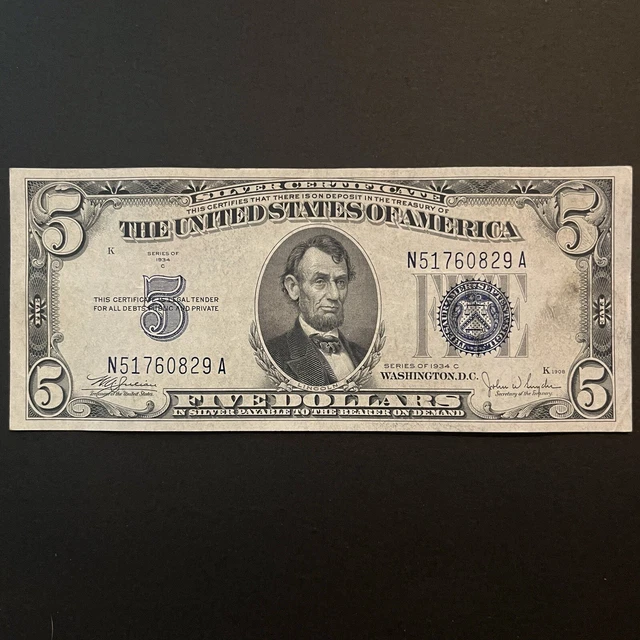 1934-C $5 U.S. Silver Certificate BLUE SEAL Excellent Condition!