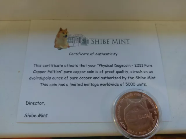 Physical Dogecoin Doge Pure Copper Coin Round 1oz Shibe Mint Crypto 2021 w/ COA