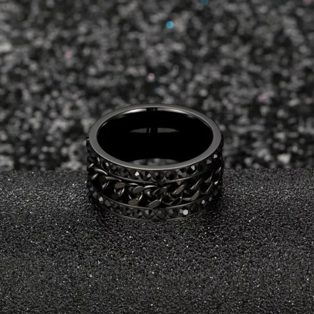 11 mm negro/oro/arco iris banda Cz para hombre cadena giratoria de acero inoxidable anillo de boda 3