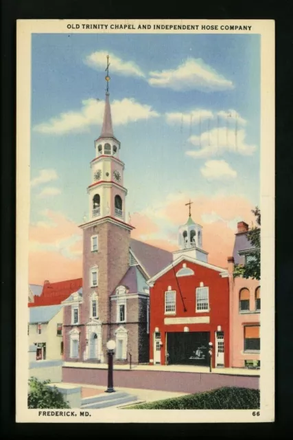 Maryland MD postcard Frederick, Old Trinity Chapel Fire Fighting Hose Co. linen