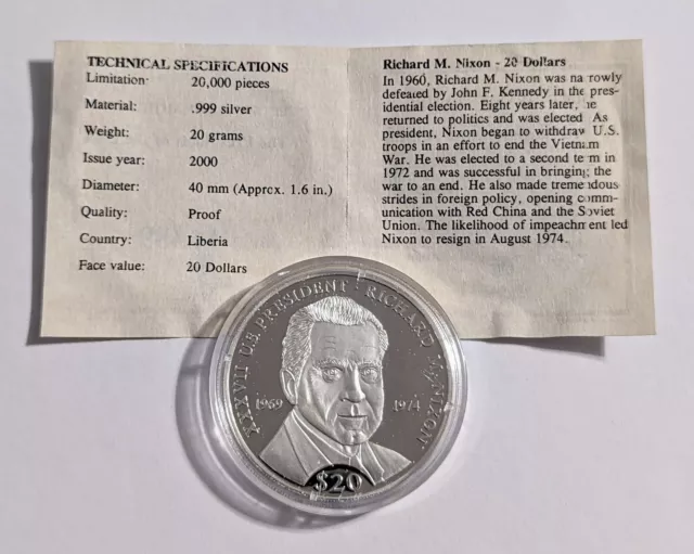 2000 Republic Of Liberia US President Richard M Nixon $20 Coin .999 Silver Proof