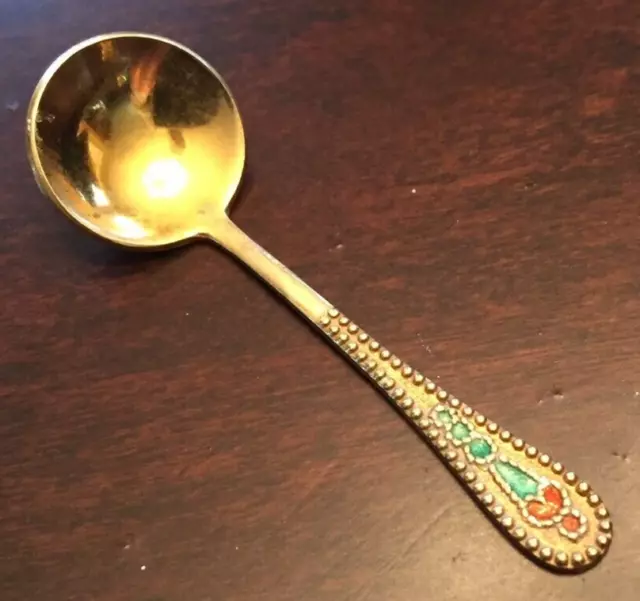 VTG Russian 875 Sterling Silver Gold gilt ENAMEL Cloisonne Dotted SALT SPOON