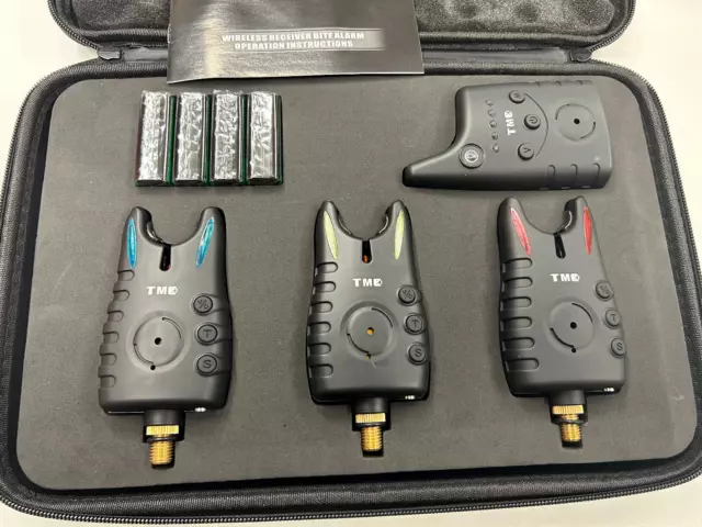 3 x Wireless bite alarms & Receiver, 8 Rolling LED's, dropbacks. Batts, case....