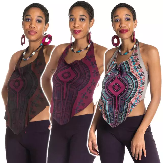 Africano Dashiki con Spalline Top Corto, Etnico Schiena Scoperta Estate, Hippy