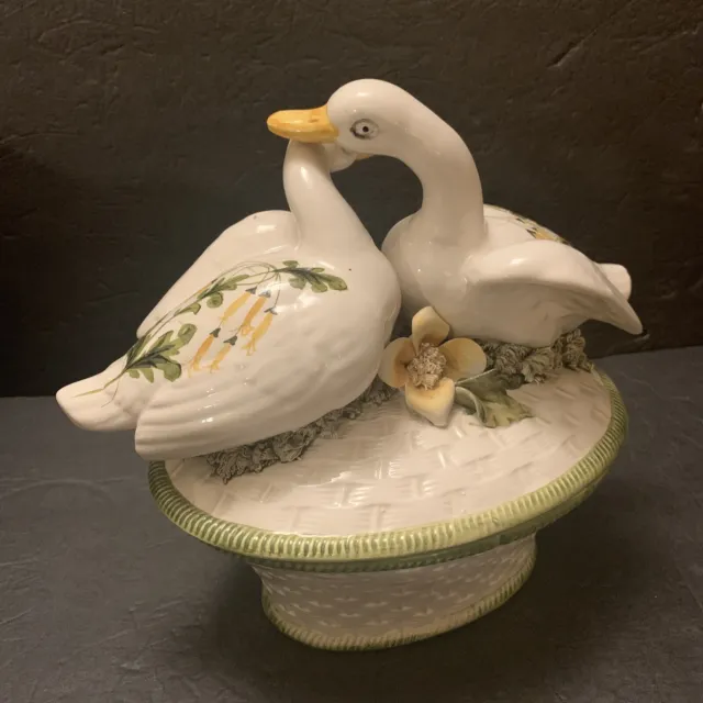 Majolica J. W. Co Italian Pottery Ceramic Floral Ducks Serving Covered Bowl RARE 3