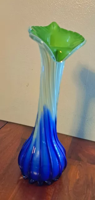 Vintage Jack In The Pulpit 11" Murano Style Glass Green Blue White Vase