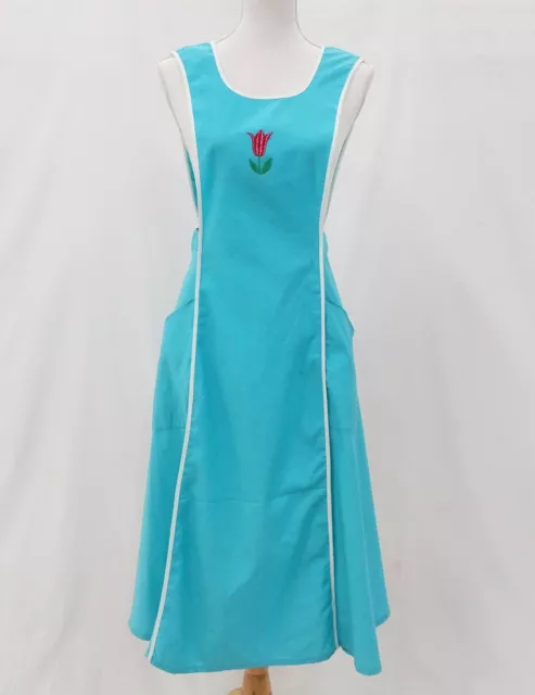 Vintage 70s Aqua Blue Apron Pinafore Dress Tulip Floral Pockets Size 8 10 Retro