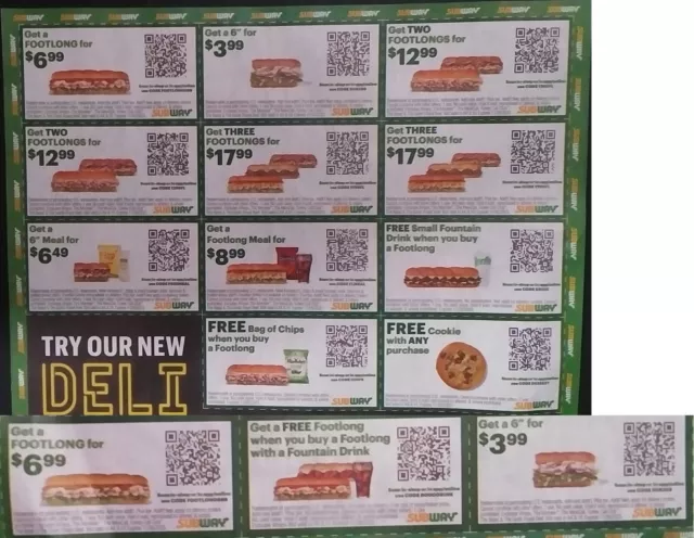 28 Subway Coupons - 2 Sheets - Exp Nov 11/26/23 - Valid Nationwide Ships  Today