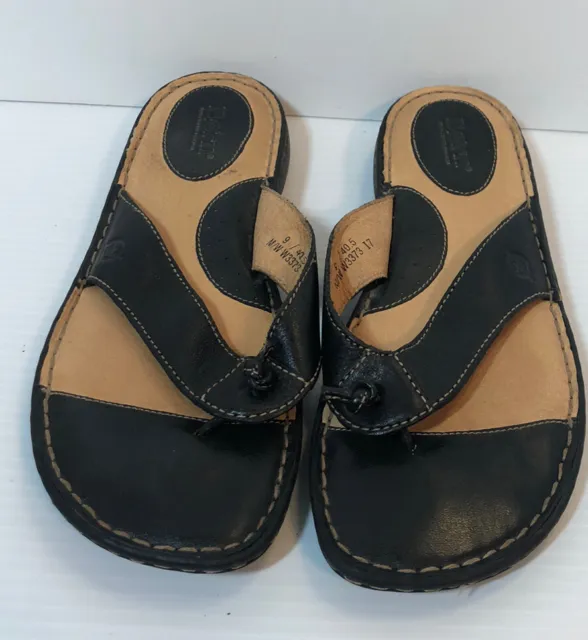 Born Women's Thong Slide Sandal Size 9 Black Leather Comfy Opanka Flip Flop EUC