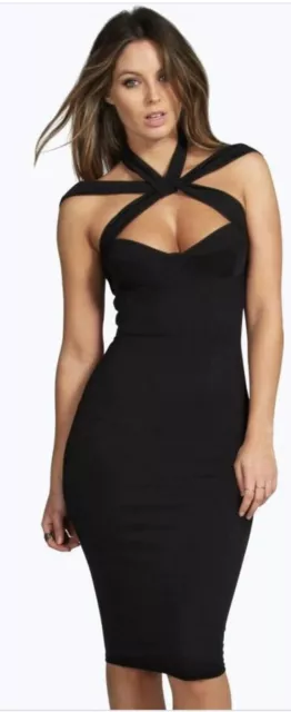 Boohoo Strappy Top Detail Midi Bodycon Dress Black Size 8