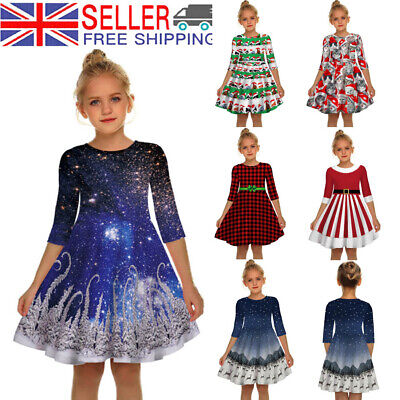 UK Kids Girl Christmas Print Princess Swing Party Dress Xmas Skater A Line Dress