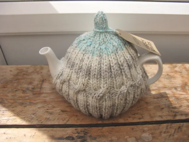 Hand Knitted Medium 6 Cup Aran Tea Cosy, Grey & Duck Egg Random, Ziggy Knits