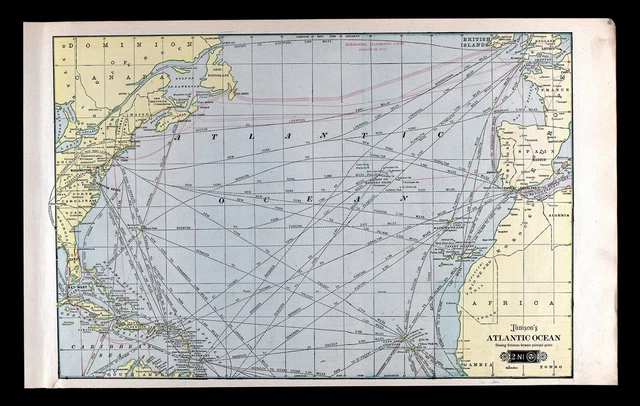1901 Tunison World Map Atlantic Ocean Distances Telegraphs America Europe Africa