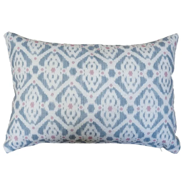 Santorini Linen Blend Boudoir Cushion. Blue & Pink Trellis Design. 17x12"