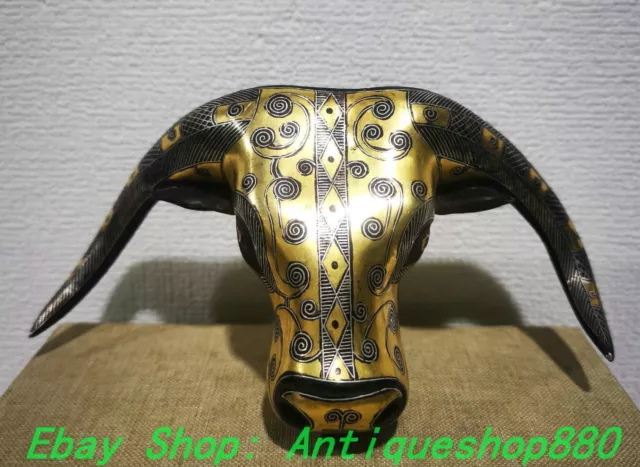 5.9'' Old War Dynasty Bronze Ware Gold Silver Cattle Cow ox Bull Head Statue