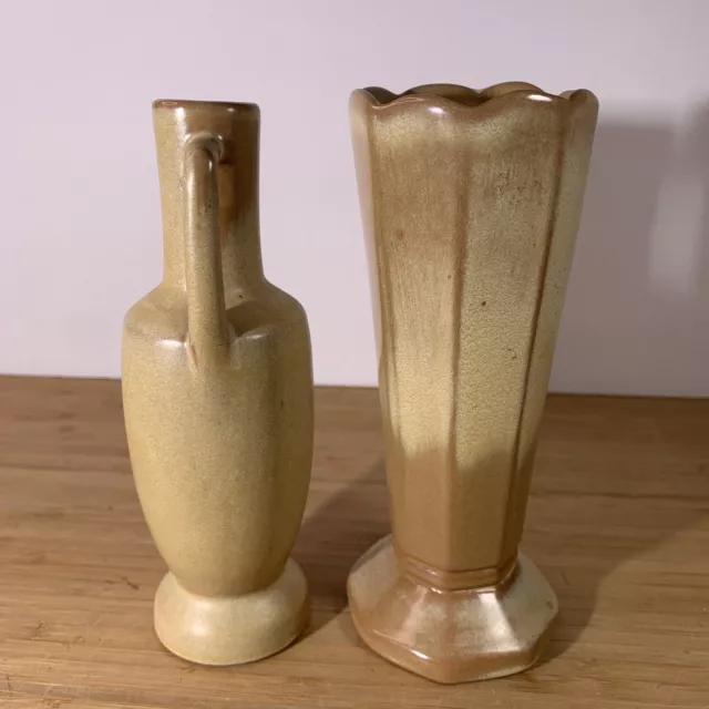 2 Vintage Brown/Tan Frankoma Pottery Bud Vases - Paneled #38 & Two Handled #20 3