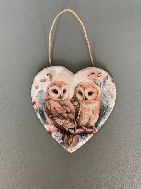 Wall hanging slate Heart Plaque Owl design Decoupage