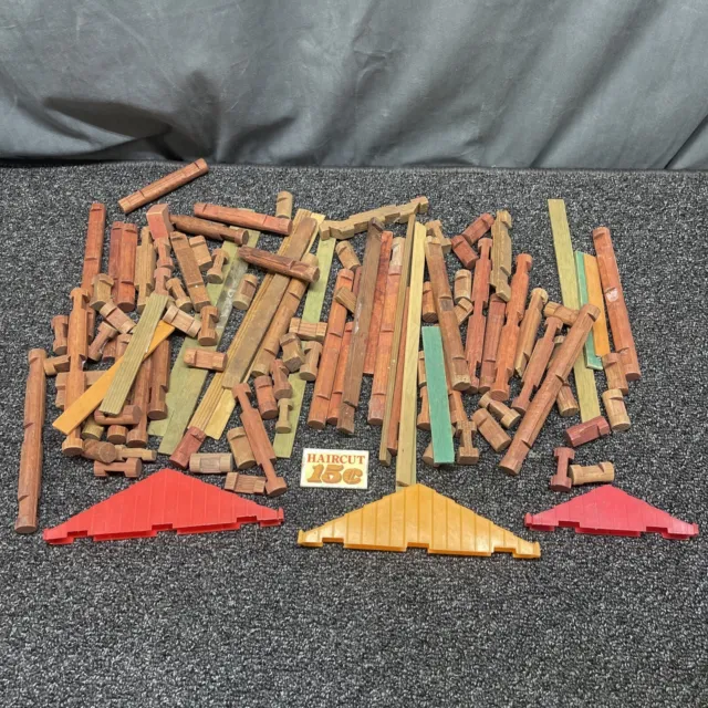 Vintage Lincoln Logs Mixed Lot Over 100 Pieces Building Blocks Logs Roof Signs