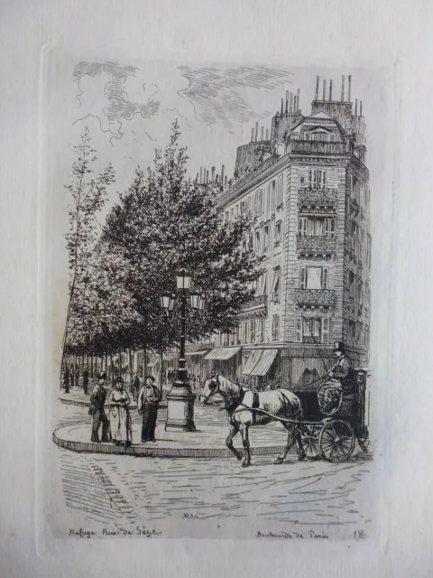 Gravure eau forte 1877 : boulevards de Paris:refuge,rue de Sèze: par A.P Martial