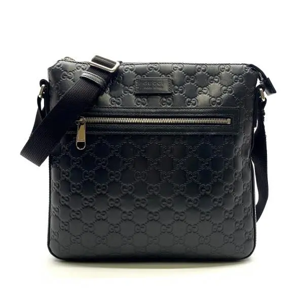 Gucci 406408 Signature Leather Messenger Bag Shoulder Black Zipper Men'S