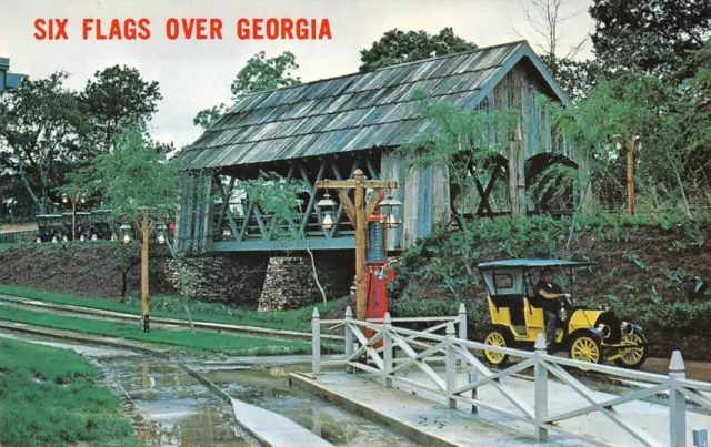 SIX FLAGS OVER GEORGIA Covered Bridge & Hanson Auto c1960s Vintage Postcard