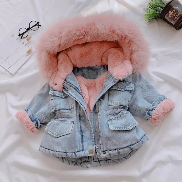 Cappotto spesso con cappuccio cappotto in pelliccia sintetica bambino flanella denim UK