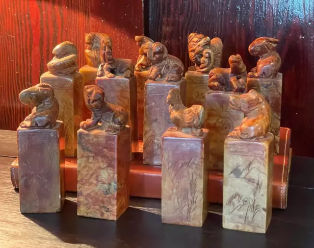 Vintage Set of 12 Chinese Zodiac Carved Soap Stone or Seal Set. FREE SHIPPING!