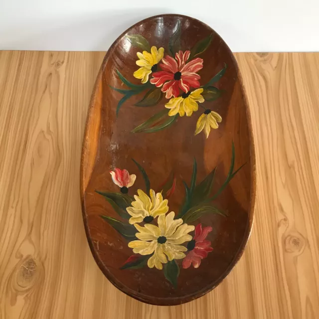 Wooden Fruit Bowl Hand Painted + Signed Vintage Home Decor 33x17cm Floral Rustic