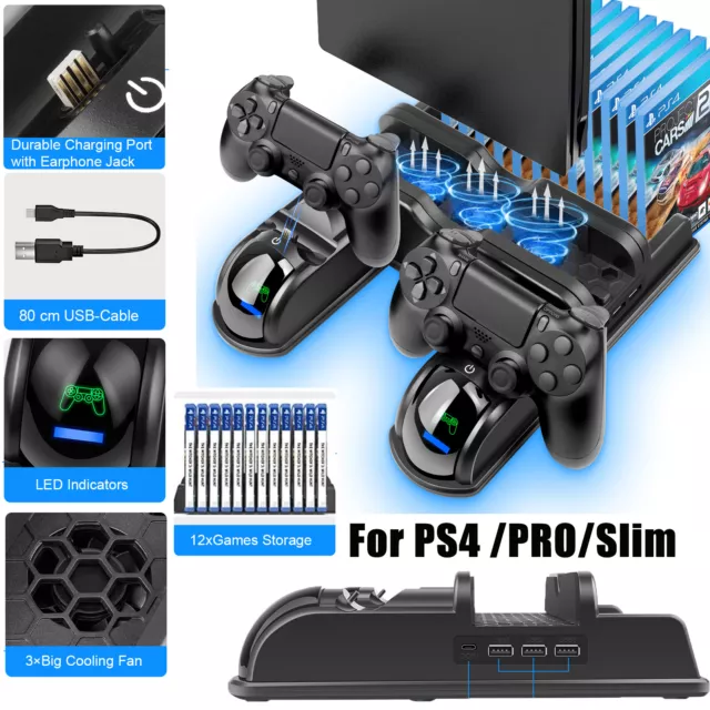 Vertikaler Ständer für PS4/PS4 Slim/Pro mit Lüfter PS4 Controller Ladestation DE