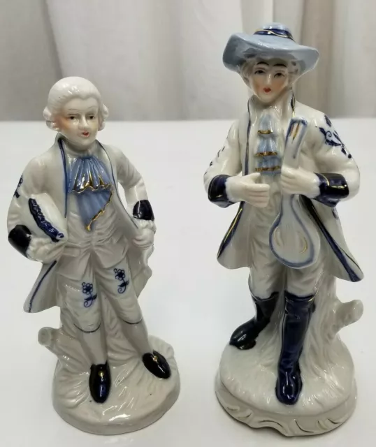Vintage German Blue White Gold Victorian Ceramic Porcelain Figurine Set of two