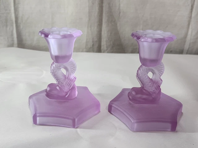 Vintage Pair Viking Glass Fish Satin Purple koi  Dolphin Candlestick