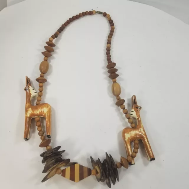 Wooden Bead Safari Necklace Carved Antelope Native Tribal Souvenir 30" Statement