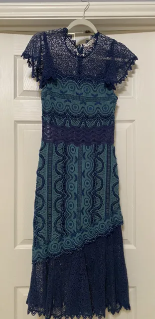 SEA Ruffled Midi Dress Blue/Crochet-Trim Size 10