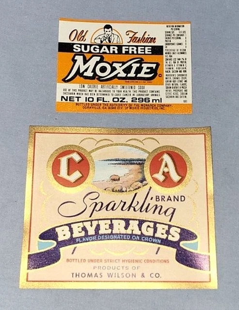 2 Vintage Soda Bottle Labels Moxie Sparkling Brand