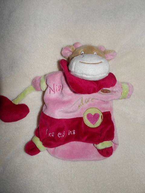 Doudou Marionnette Baby Nat Vache Nina Adore Les Calins Vert Rose  Coeur