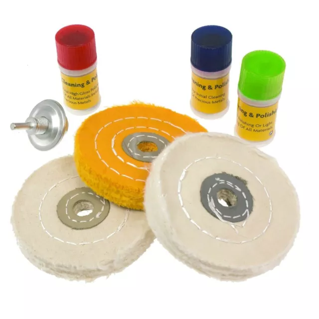 7Pc Metal Cleaning & Polishing Buffing Wheel Kit With Compound Blocks Fits Drill