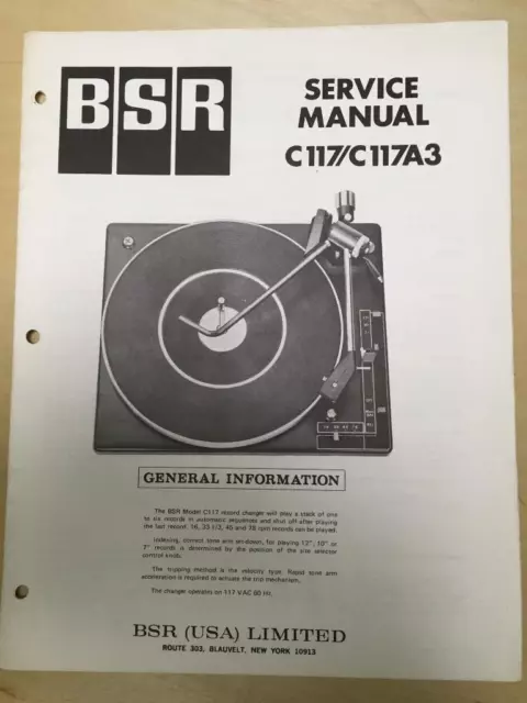 BSR Service & User Manual for the C117 C117A3 Turntable Record Changer