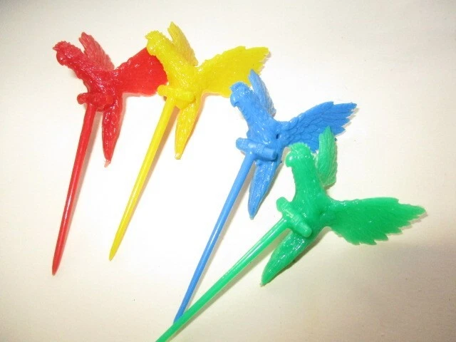 Vintage Collection Reuseable Rainbow Colored Plastic Parrots Cocktail Toothpicks