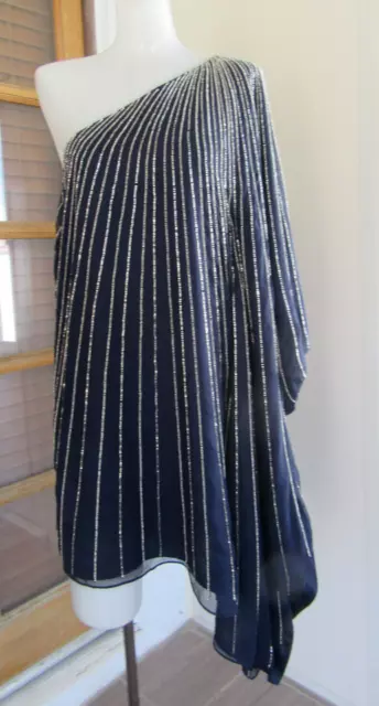 Parker Black Label Beaded Silk One Shoulder Navy Dress Goddess Mini 4 NWT $448. 2