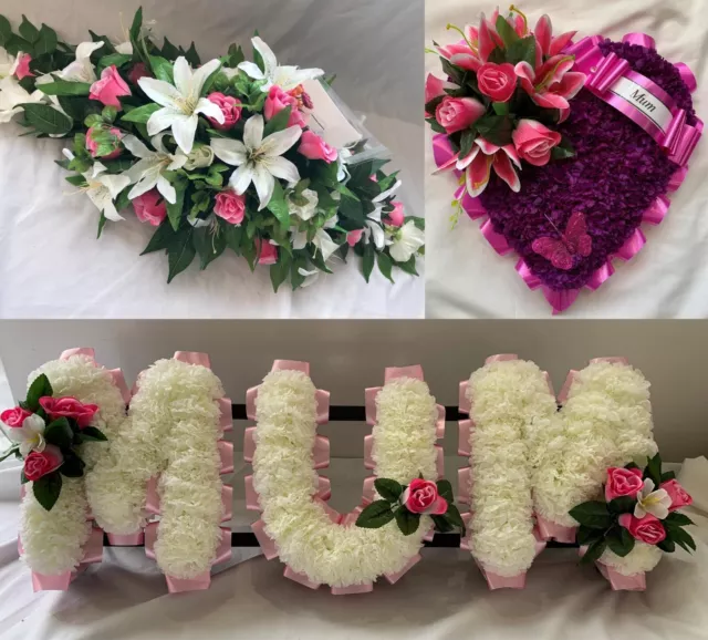 Mum Artificial Silk Funeral Tribute Flowers Package Letters Heart Spray Nan Dad