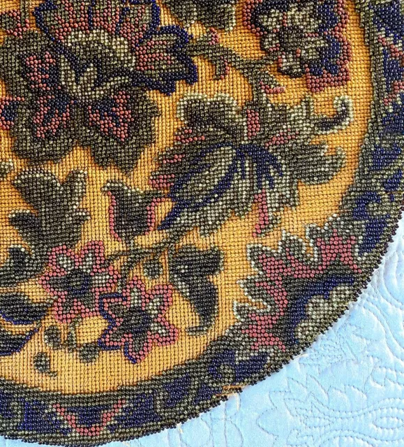 14" Antiuqe Victorian Glass Beadwork Tapestry Panel, Beaded Needlepoint, Pillow? 2