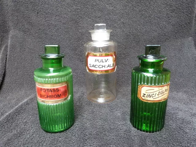 Chemist Apothecary Glass Bottles X3 With Stoppers Antique Vintage