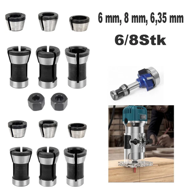 Fräsfutter - 8er-Set, Bündigfutter-Spannzange (6 mm, 6,35 mm, 8 mm), Oberfräsen-Spannzange