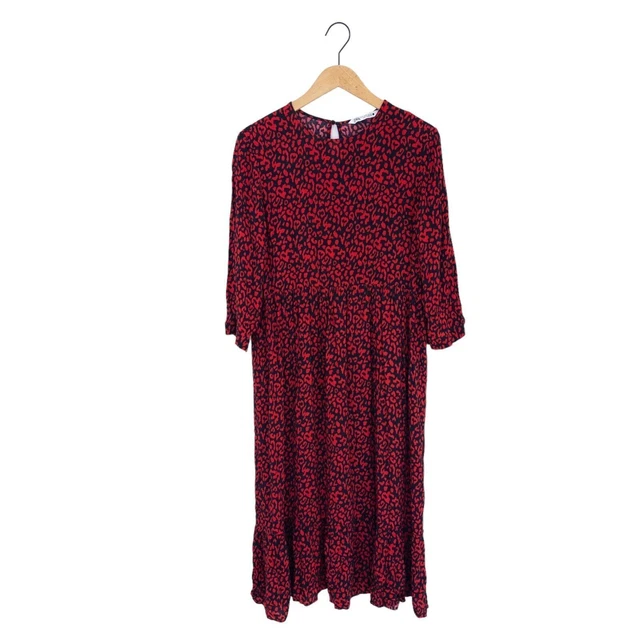 ZARA BLACK RED Leopard Print Tiered Midi Smock Dress Size M 15.00 PicClick UK